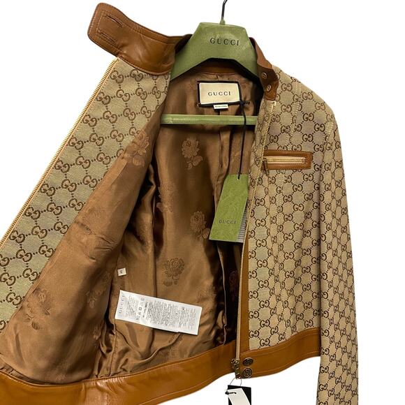 NWT Gucci GG Canvas Jacket Leather Trim Neutral Brown Tan Womens 40 / US 4 - Picture 9 of 16